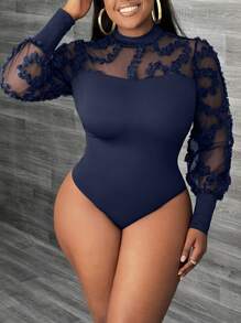 Slaydiva Contrast Mesh Lantern Sleeve Mock Neck Bodysuit - Navy Blue - View 5