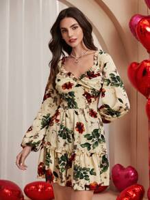 Chiquease Women Square Neck Short Dress, Elegant Style - Apricot - View 6