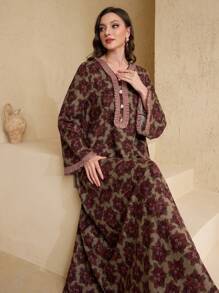 Al Najma Spring & Summer Women's Arabic Style Dress With Trumpet Sleeves, Collar And Sleeve Cuffs Pleated Ruffle,Modest - Multicolor - View 7