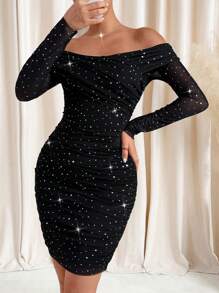 SHEIN Clasi Women's Off Shoulder Long Sleeve Fitted Glitter Rhinestone Dress, New Year Valentines Clothes - Black - View 7