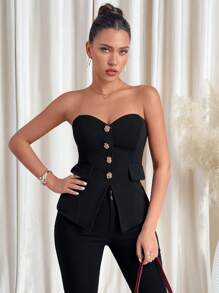 SHEIN Lavishia Women Gold Flower Button Decor Strapless Top Spring - Black - View 6