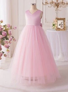 SHEIN Tween Girls' Solid Jacquard Sleeveless Mesh Splice Ruffle Hem Princess Dress, Suitable For Graduation, Birthday Party - Pink - View 4