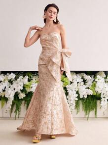 MOTF Soiréza VÁY ỐNG COCKTAIL VAI NÀNG TIÊN CÁ JACQUARD - Màu Hồng baby - Xem 6