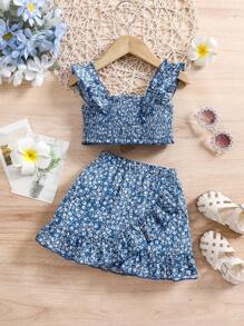 SHEIN Leap Crew 女婴精致碎花蝴蝶结设计两件套户外休闲服装套装 - 藍色 - 查看 1