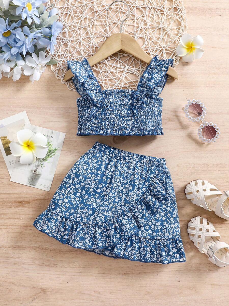 SHEIN Leap Crew 女婴精致碎花蝴蝶结设计两件套户外休闲服装套装 - 藍色 - 查看 1