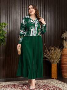 Mulvari Women Casual Loose Turndown Collar Long Sleeve Scarf Print Shirt With A-Line Pleated Solid Color Skirt 2 Pieces Set, Plus Size, Spring/Summer - Multicolor - View 6