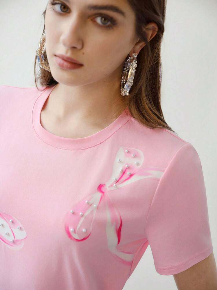 MOTF STUDIO BOW PRINT FAUX PEARL DECOR T-SHIRT,VALENTINE'S DAY,SPRING/SUMMER