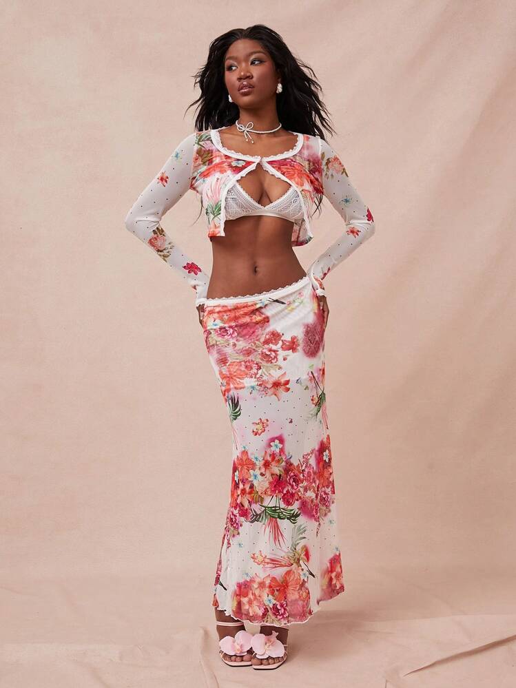 NYA SZN Spring Floral Detail Print Mesh Cardigan Summer Festivals Pastel Flower Easter Lace Trim Brunch Outfits Casual Tops For Women - Multicolor - View 5