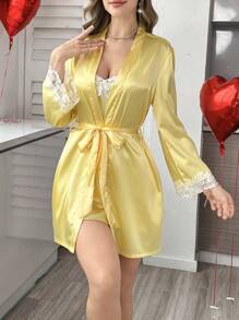 SilkySpell Contrast Color Lace Faux Silk Camisole Nightdress & Robe Set, Vacation