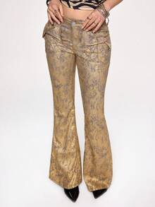 ROMWE J-Fashion Shibuya Girl Butterfly Pocket Metallic Coated Low Waist Skinny Flare Pants For Women - Gold - View 7