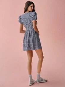 Enchnt Spring/Summer Romantic Women's  Plaid Puff Sleeve Tie Waist Short Dress
,Sweet&Elegant,For Birthday&Sweet Date Night&Garden Parties&Daily Commuting - Pink - View 7