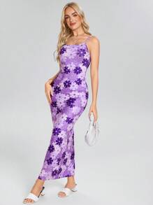 Wildy Elegante paarse bloemenprint mouwloze jurk voor dames, zomer