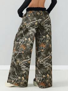 Coolane Women's Tree Branch Pattern Wide Leg Casual Pants - Army Green - View 4