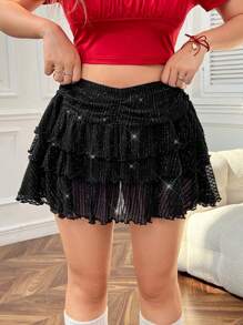 SHEIN EZwear Plisseerock in A-Linie in Silbermetallic in Große Größen, Outfit für Raves und Festivals, lässige Urlaubskleidung, Frühlings- und Sommermode - Schwarz - Übersicht 5