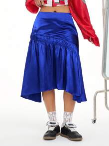 SHEIN EZwear 女士春夏适合约会之夜和外出复古 Y2K 舒适面料蓝色中长裙 - 藍色 - 查看 3