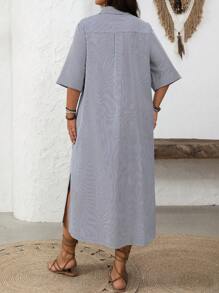 SHEIN LUNE Damen Große Größenkleid im französischen eleganten Pendler-Lässig-Urlaubsstil mit Stehkragen, Langarm, Streifenmuster, knielanges Design, für Frühling/Sommer - Königsblau - Übersicht 2