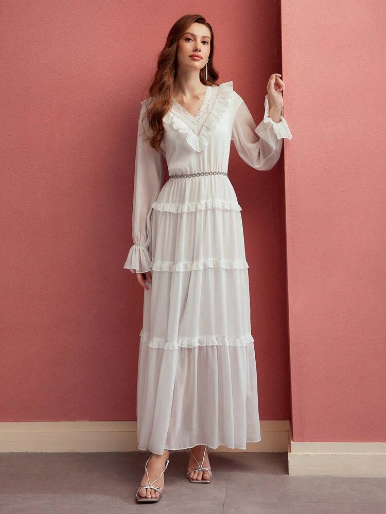 GATHERED CONTRAST LACE FLOWY DRESS,SPRING/SUMMER