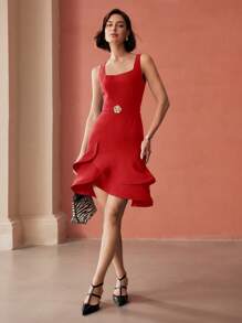 MOTF PREMIUM Vestido midi con cinturón, volantes y estampado floral - Rojo - Ver 7