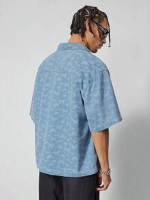 ROMWE MEN Men's Butterfly Print Short Sleeve Zip-Up Casual Denim Jacket - Black - View 4