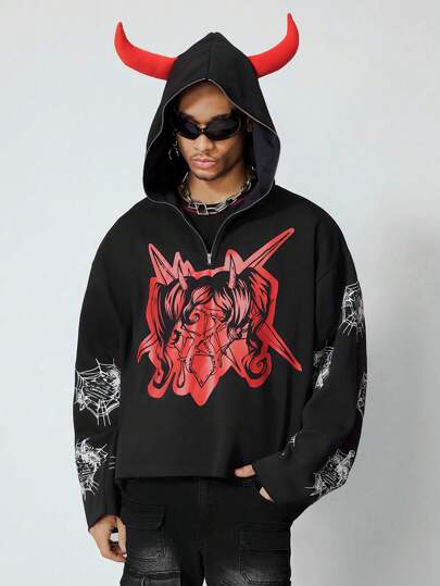 Street Life sweat-shirt à capuche imprimé minimaliste à manches longues et zip avant, décontracté pour homme