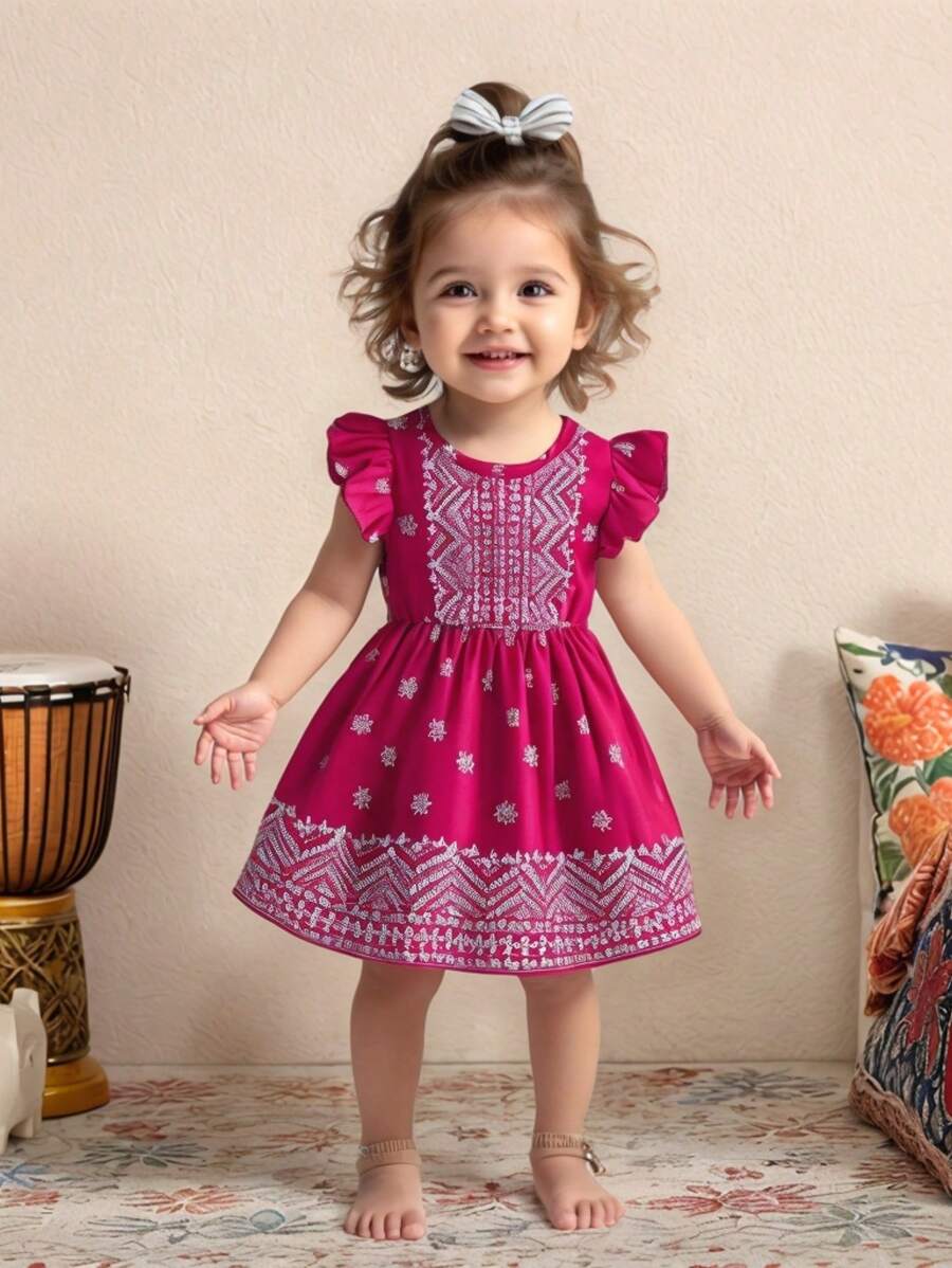 SHEIN Baby Girl Cute Floral Sleeve Round Neck Print Casual Dress, Fashionable Outdoor Summer - Hot Pink - View 1