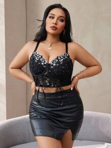 1pc Plus Size Lace Embroidery Wire Free Bra Lingerie - Black and White - View 5