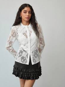 MOTF STUDIO CONTRAST LACE BUTTON UP SHIRT - White - View 6