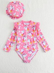 SHEIN 1pc Girls' Unicorn Print One-Piece Swimsuit - Multicolor - View 5