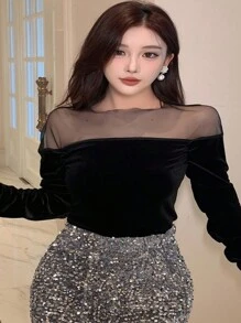 Dazy Petite Plus Bodycon Mesh Patchwork Elegant Long Sleeve T-Shirt, Black, Autumn/Spring - Black - View 8