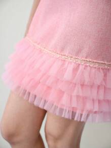 MOTF STUDIO TWEED CONTRAST MESH RUFFLE HEM DRESS,VALENTINE'S DAY OUTFIT,SPRING/SUMMER - Pink - View 3