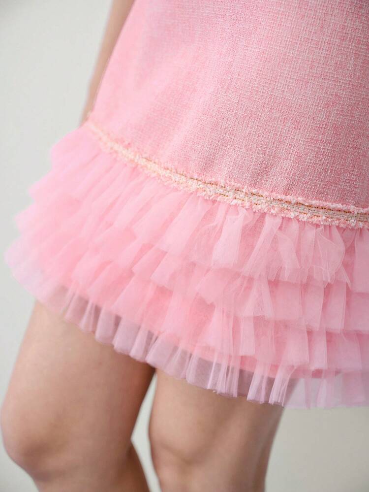 MOTF STUDIO TWEED CONTRAST MESH RUFFLE HEM DRESS,VALENTINE'S DAY OUTFIT,SPRING/SUMMER