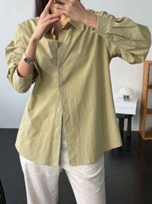 DAZY Casual Loose Solid Color Long Sleeve Women's Blouse - Olive Green - View 2