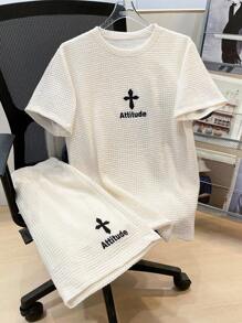 SHEIN 2 件套青少年男孩休闲简约百搭时尚超高性价比几何印花宽肩带针织背心短裤两件套春季服装；青少年男孩服装；青少年男孩夹克，春季返校