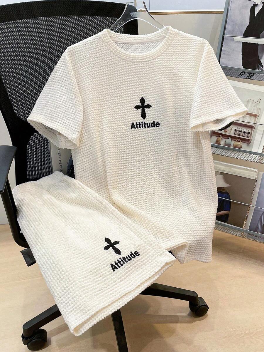 SHEIN 2 件套青少年男孩休闲简约百搭时尚超高性价比几何印花宽肩带针织背心短裤两件套春季服装；青少年男孩服装；青少年男孩夹克，春季返校