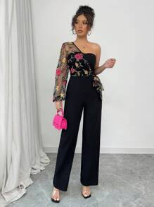 Rafferiza 女式刺绣网眼单肩抹胸直筒连体裤，带蝴蝶袖，休闲春秋装 - 黑色 - 查看 3