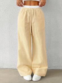 SHEIN EZwear Yellow Striped Women's Woven Casual Pants, Spring/Summer