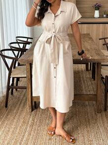 Linhara Plus Size Casual & Holiday Style Front Button Short Sleeve Pocket Simple Dress - Apricot - View 4