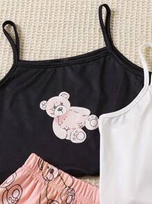 3pcs/Set Tween Girls Stylish Cartoon Animal Print Camisole And Shorts Pajama Set - Multicolor - View 4