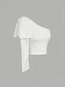 SHEIN MOD Top blanc avec nœud à l'épaule dénudée, Top de fête, Top de club, Top romantique élégant, Top bohème, Top d'été, Top de sortie - Blanc - Voir 3