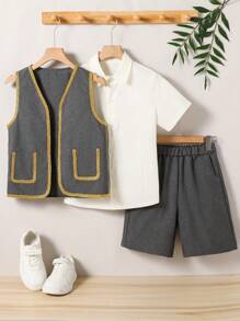 Vacaura 3 Stücke/Set Jungen Lässiger Outfit mit Blumenverzierung, bestehend aus weißem Hemd und Shorts, geeignet für formelle Anlässe, Schule, Outdoor - Verschiedenfarbig - Übersicht 5