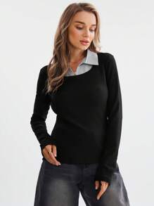 SHEIN LUNE 2024 Early Autumn New Knitted Patchwork 2 In 1 Women Top T-Shirt - Multicolor - View 4