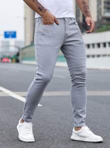 Manfinity Homme Men's Zipper Fly Slim Fit Denim Jeans - Light Grey - View 7