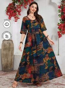 Lacomfia Crew Neck Short Sleeve Pleated Minimalist Maxi Arabic Style Casual Dress,Modest - Multicolor - View 1