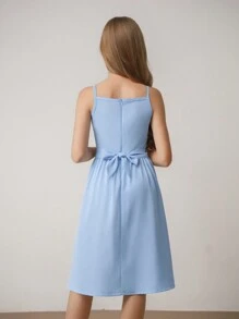 青少年女孩无袖束腰纯色连衣裙，配有同色腰带，优雅简约时尚，夏季 - 藍色 - 查看 2