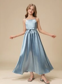 Tween Girl 奢华缎面露肩 A 字形连衣裙，配有系带腰带，细肩带吊带花童连衣裙，适合婚礼、舞会、生日派对、表演 - 藍色 - 查看 3