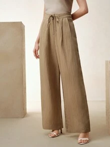 Anewsta Elaire 女士编织卡其色亚麻优雅复古风格休闲长裤 - 卡其色 - 查看 7