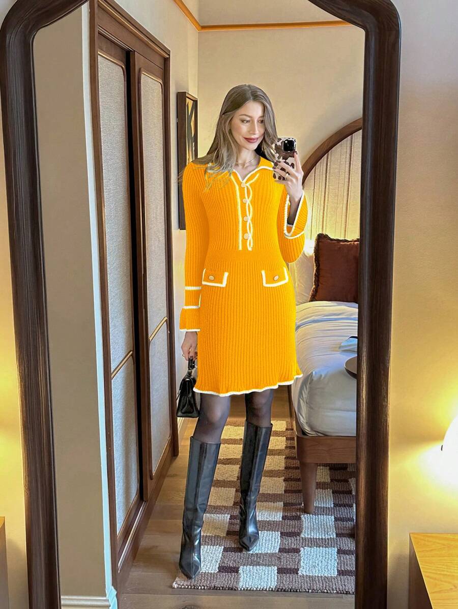 Chiquease Vestido de suéter elegante de manga larga con bolsillos y ribete de color block con botones delanteros para mujer - Amarillo - Ver 1