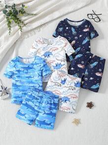 6pcs/Set Young Boy Cartoon Galaxy & Ocean Animal Print Snug Fit T-Shirt And Shorts Pajama Set