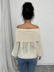 Chiquease 女士休闲露肩灯笼袖扭绳镂空宽松针织毛衣，春秋季针织套头衫秋冬毛衣 - 杏色 - 查看 2