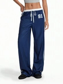 TRNVIE 复古运动风格拼色条纹休闲宽松裤，女式低腰直筒裤，百搭